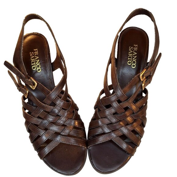 Franco Sarto Womens Woven Leather Sandals Size 8.5M Block‎ Heel Buckles Revelry - Picture 1 of 16